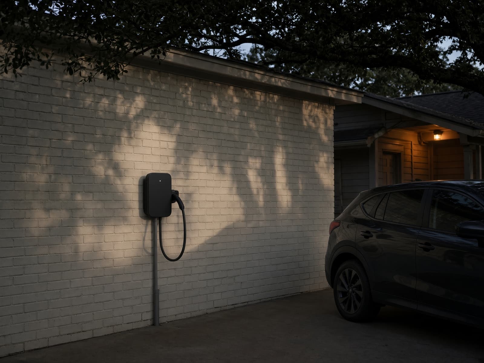 A home EV charger mounted beside a residential garage.